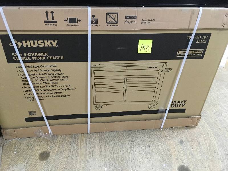 lot 103 image: Husky 52 in. W 9 - Drawer Mobile Work Brench, Black - Open Box