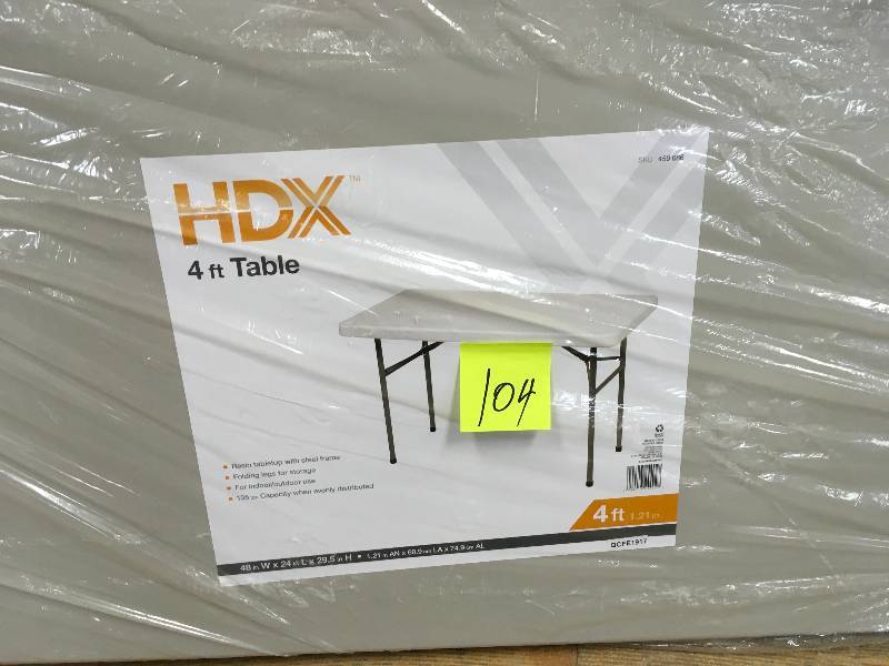 lot 104 image: HDX 4 ft Table, Folding Legs for storage - Open Box