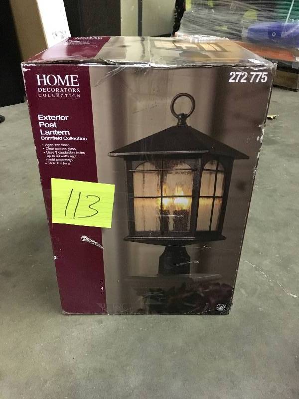 lot 113 image: Home Decorators Collection Brimfield 3-Light Outdoor Aged Iron Post Light - Open Box