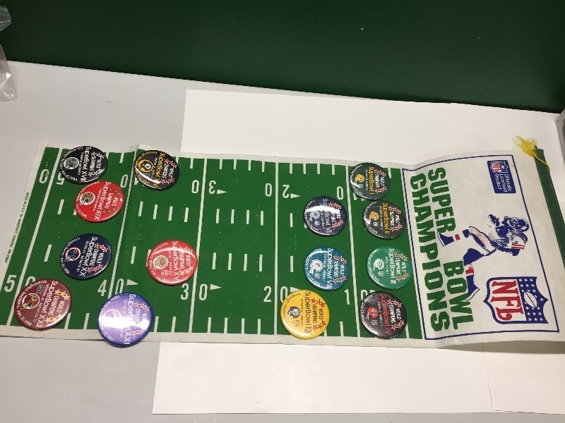 Super Bowl Champions Wall Hanging with Buttons  Pinbacks