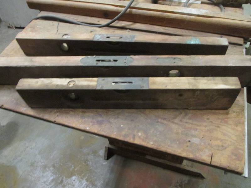 lot 116 image: Antique Table Saw, Wooden Levels, Tools & Wheel Barrow