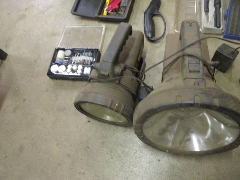 lot 203 image: Knives, Sharpening Stones, Flashlights, Shop Rags, Fire Extinguishers