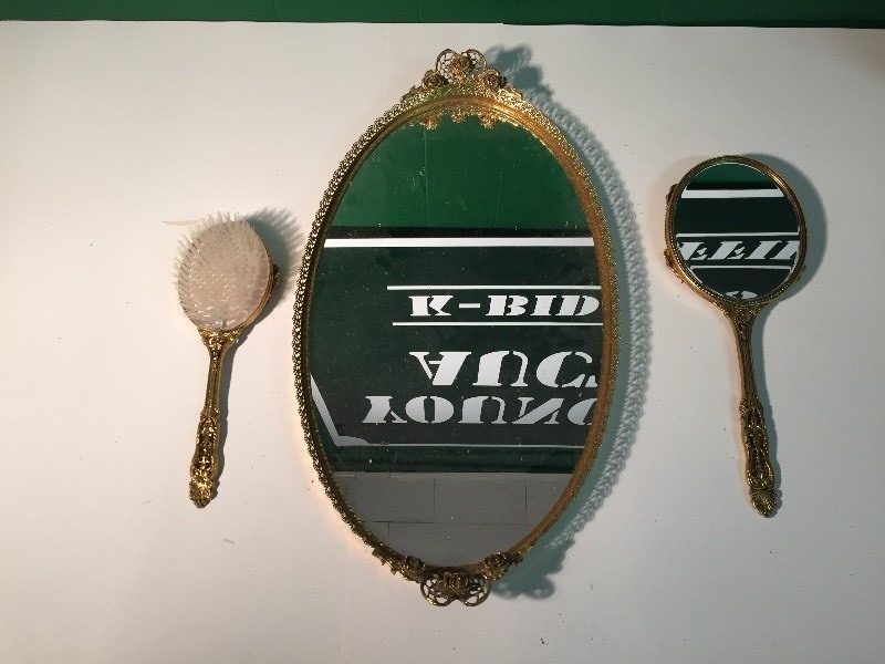 lot 51 image: Vintage Dresser Mirror Tray, Brush, Handheld Mirror