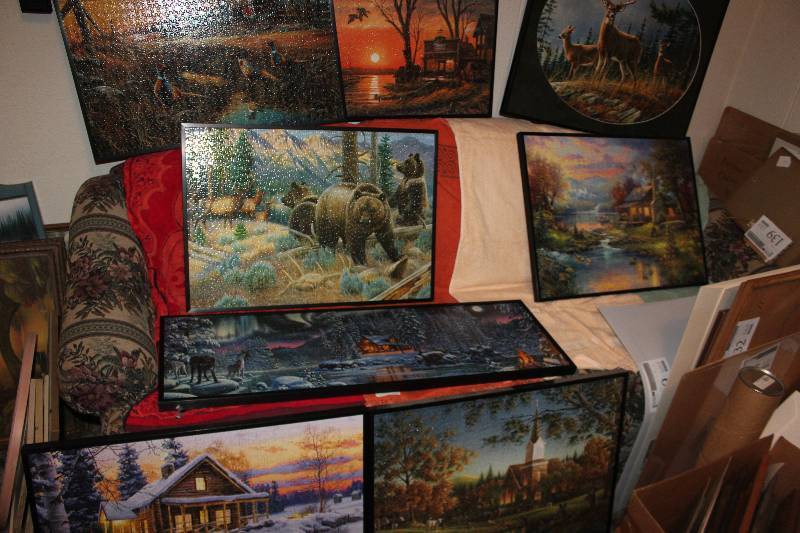 lot 145 image: Lot of (8) Comleted & Framed Puzzles Wall Art Includes Nature, Wildlife, Cabins in Woods, And More