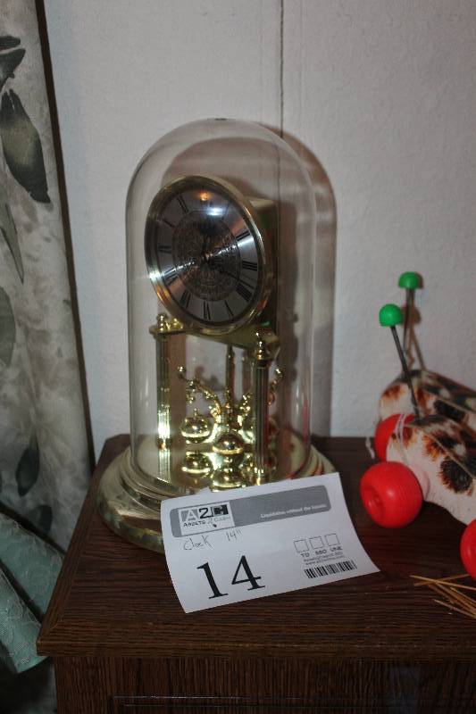 lot 14 image: 14in. Table Clock w Glass Dome Case