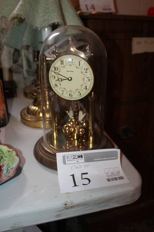 lot 15 image: 14in. Table Clock w Glass Dome Case