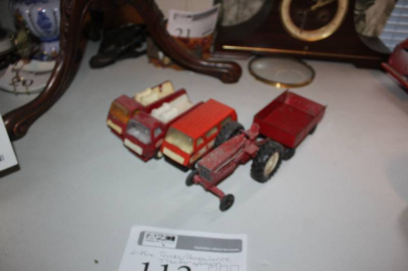 lot 113 image: Lot of (4) Toys - 2-Fire Truck, Ambulance, Tractor w Wagon