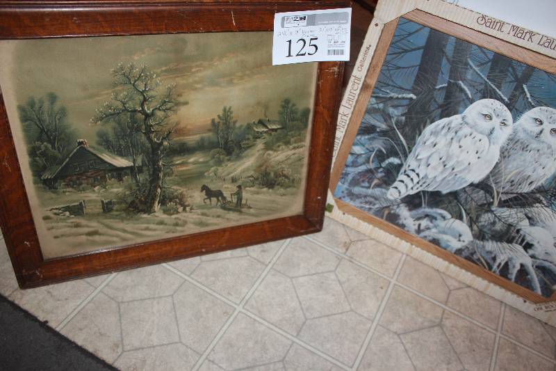 lot 125 image: Lot of (2) Framed Pictures - Winter Scene, Two White Owls by Richard Montenbault