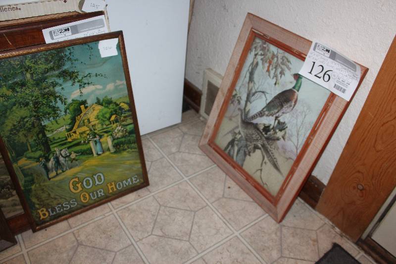 lot 126 image: Lot of (4) Framed Pictures - Dogs, Lake Scene, Godd Bless Our Home, Pheasants