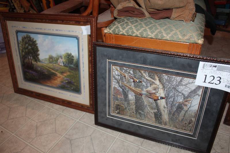 lot 123 image: Lot of (3) Framed Matted Pictures - Fox, Pheasants, Church