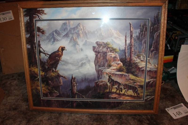 lot 132 image: Eagle w Wolves by Reichardt Signed Framed Wall Art