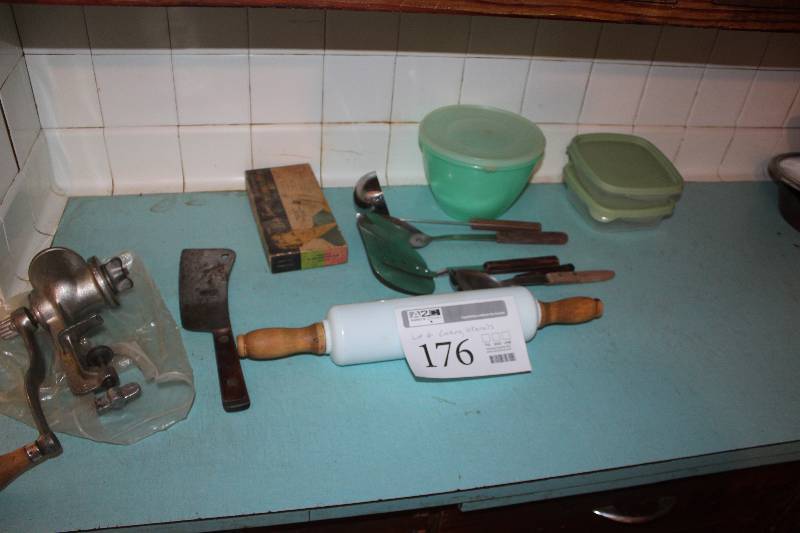 lot 176 image: Cooking Utensils - Knives, Spatulas, Rolling Pin, Meat Grinder