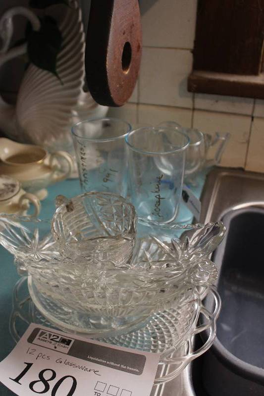 lot 180 image: Lot of (12) Glassware - Serving Trays, Serving Bowls, Pitcher, And More