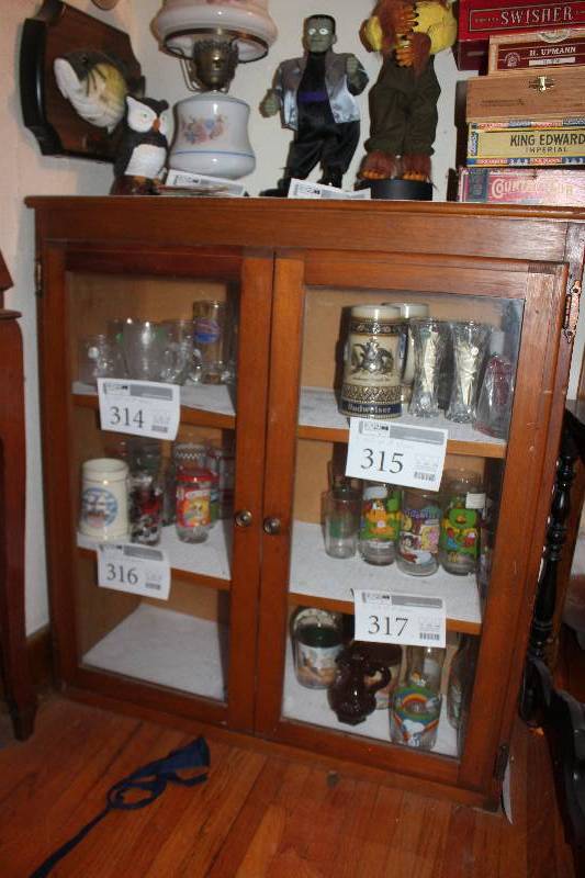 lot 313 image: 2-Glass Door 3-Shelf Wood Cabinet