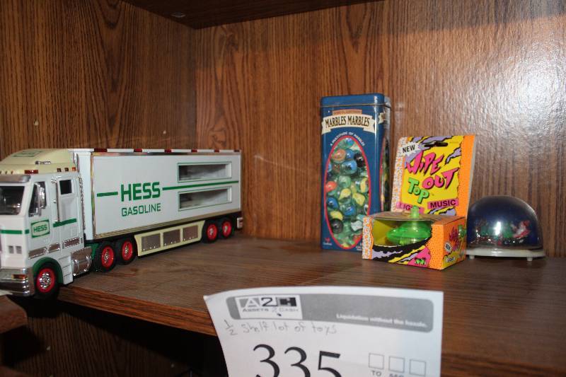 lot 335 image: 12-Shelf Lot of Toys - Marbles, Top, Globe, Truck