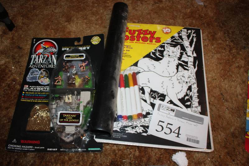 lot 554 image: Lot of (2) Toys - Fuzzy Posters, Tarzan Micro Set