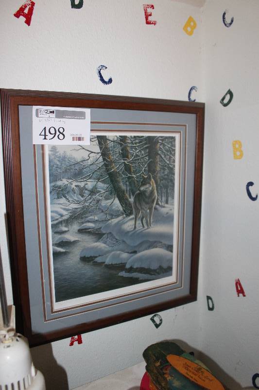 lot 498 image: 1990 Wolf by James Meger Artists Proof #138500 Signed Numbered Framed Matted Wall Art