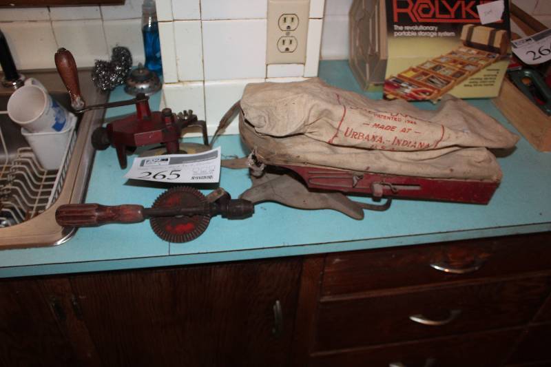 lot 265 image: Lot of (3) Hand Tools - Seed Sower, Hand Drill, Grinder