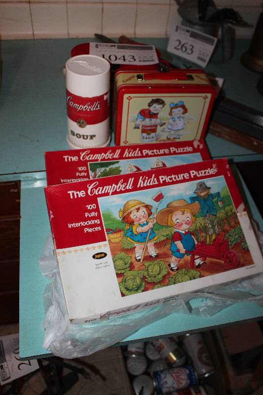 lot 1043 image: Campbells Soup Collectibles - Thermos, Lunch Box, Puzzle