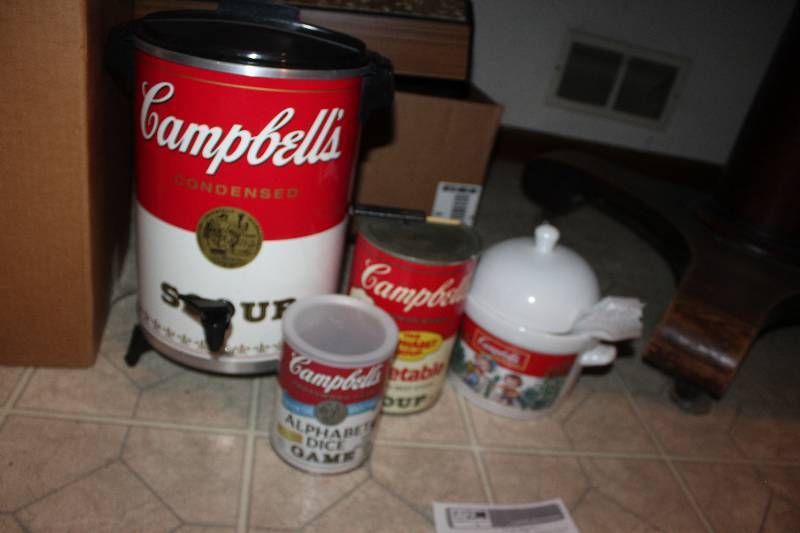 lot 1031 image: Campbells Soup Dispenser, Soup Crock, Can Opener, Dice Game