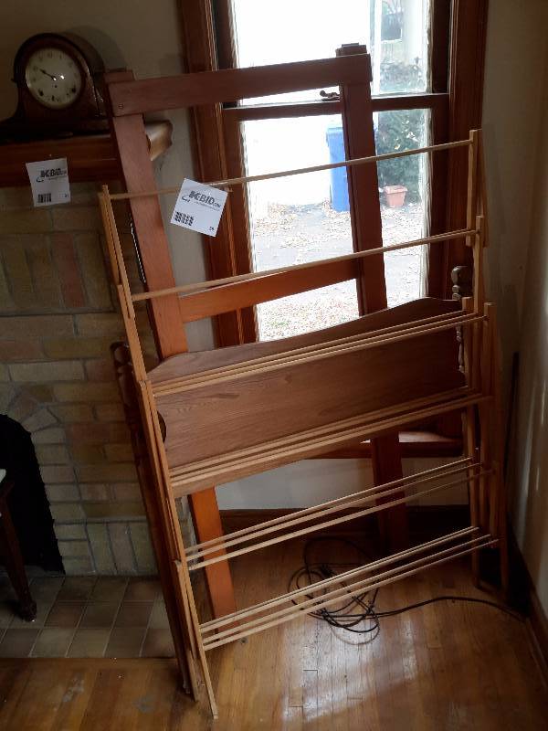 lot 38 image: Clothes drying rack, Solid wood Easle Twin headboard and frame