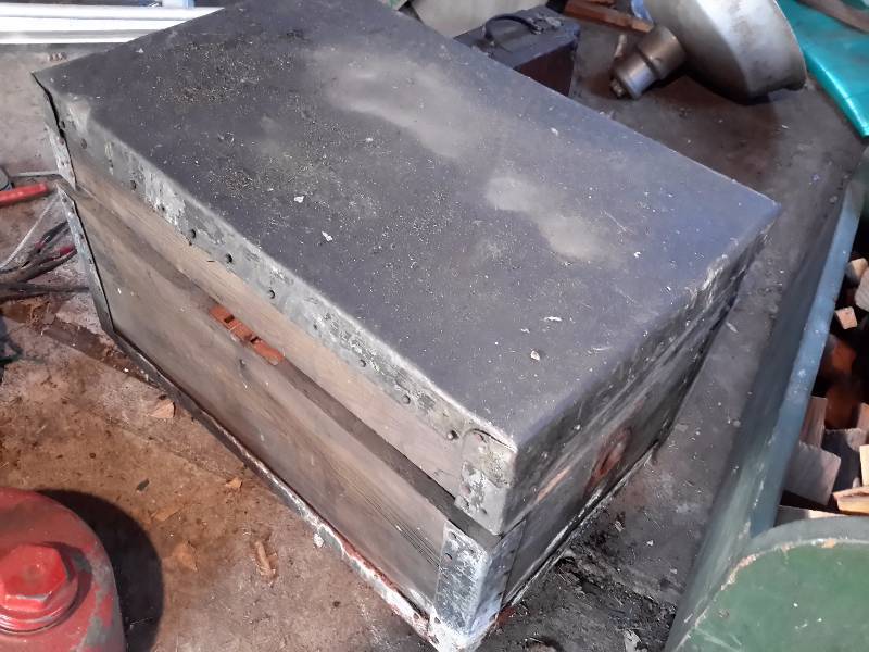 lot 123 image: Wood tool box and an interesting OLD storage trunk with drawers inside.