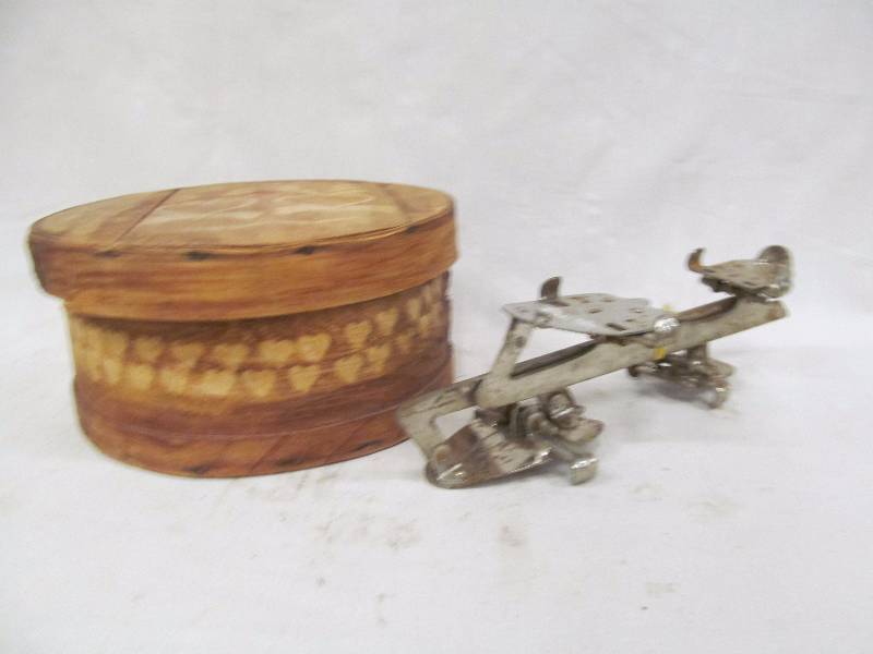 lot 93 image: vintage ice skates, vintage cheese box