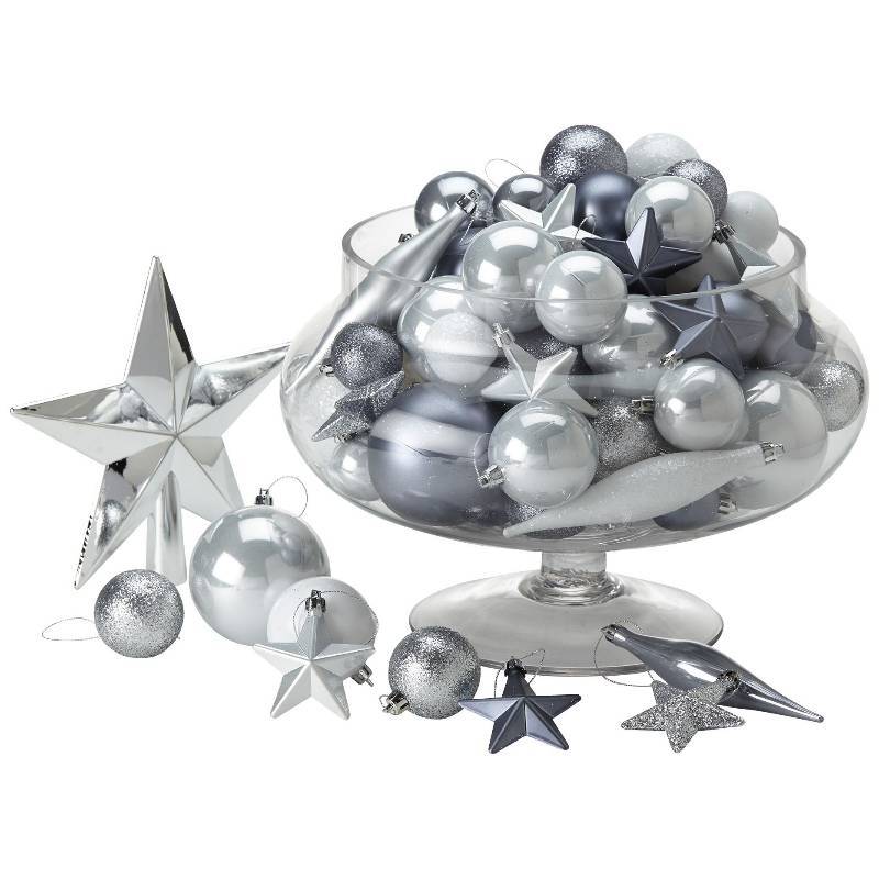 lot 218 image: Alcove 100pc Silver-White Ornaments, MSRP $13.99