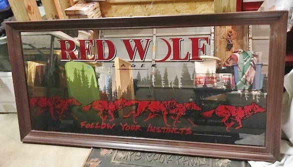lot 5 image: LARGE 52x26 Vintage 1995 BUDWEISER BEER RED WOLF GIANT MIRROR SIGN ANHESUER BUSCH GAME ROOM COLLECTION Follow Your Instincts Bar Pub Advertising Collectible Breweriana MAN CAVE