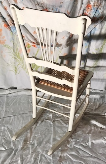 lot 9 image: Antique White Washed Ladder & Spindle Cane Seat Solid Wood Babys Room Porch Rocker Rocking Chair - Super Condition For Age