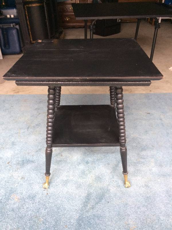 lot 29 image: Beautiful Old Antique Victorian Oak Wood Parlor Lamp Side 2 Tier Table Glass Ball & Brass Claw Feet With Spindle Spiral Legs -WOW Look At The Carved Wood Details - This was painted black but could easily be restored