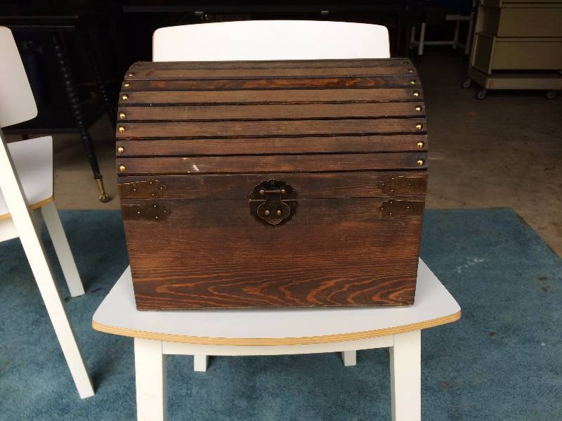 lot 32 image: Old Wood Dome Top Treasure Chest Trunk - With Ornate Hammered Brass Bird Accents & Handles - Great Condition For Age