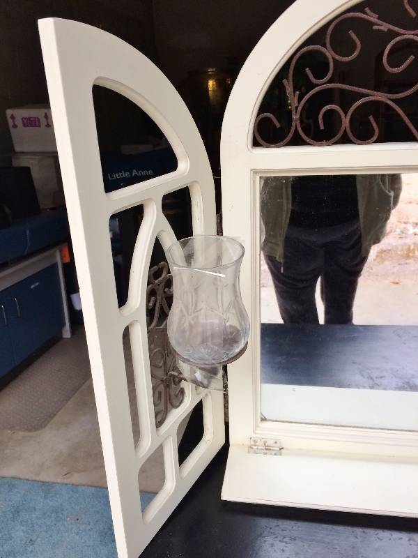 lot 30 image: Vintage Rare Home Interiors Wood & Wrought Iron Cathedral Style Fold Away Wall Or Dresser Top Mirror & Glass Candle Holder With Drop Down Display Shelf