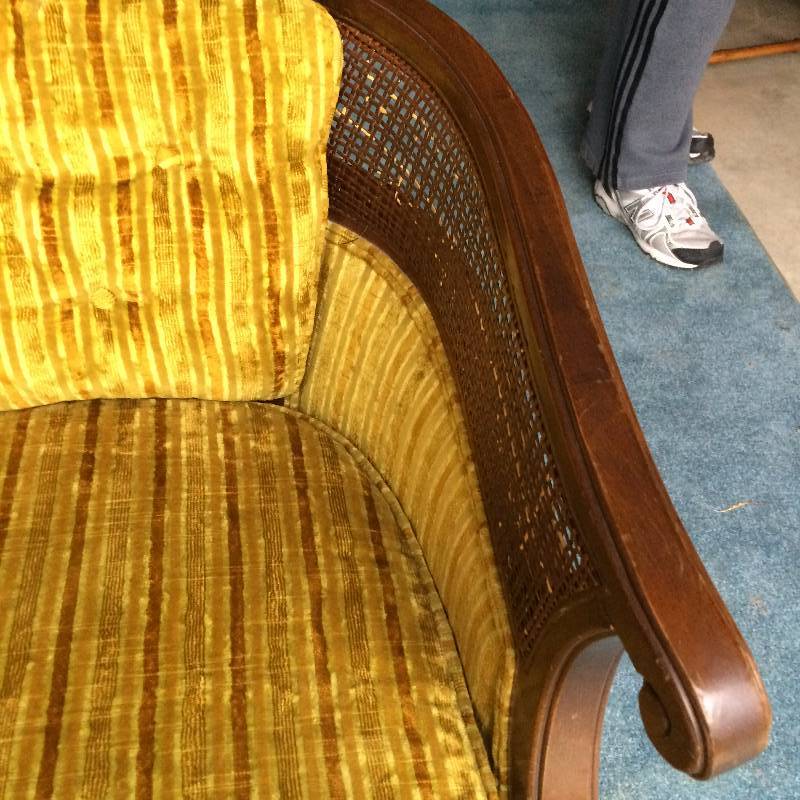 lot 31 image: Fabulous Mid Century Modern Hollywood Regency French Barrel Back Cane Sided Club Lounge Chair Striped Gold Velvet Upholstery - WOW No Stains