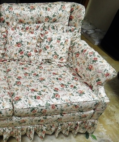 lot 25 image: Lovely Cottage French Provincial Victorian Shabby Chic Overstuffed Wingback Floral Garden With Ruffle SofaLoveseat High Quality Padding With Slight Sheen To Fabric - Great Condition Matching Pillows Included