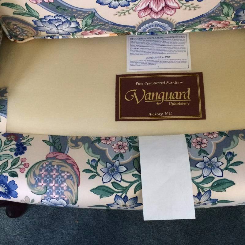 lot 52 image: Retails New $2500 High Quality Custom Vanguard Furniture Asian Influenced Blue Floral Queen Anne Wingback Chair With Cabriole Legs - Great Condition
