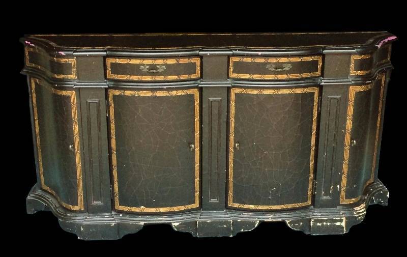 lot 58 image: AMAZING & REWARDING DIY Project Old Black & Gold Carved Wood Crackle Sideboard Buffet - 65Wx33Hx14D Bones Are Great Just Needs A New Paint Job...Love The Gold Carved Details