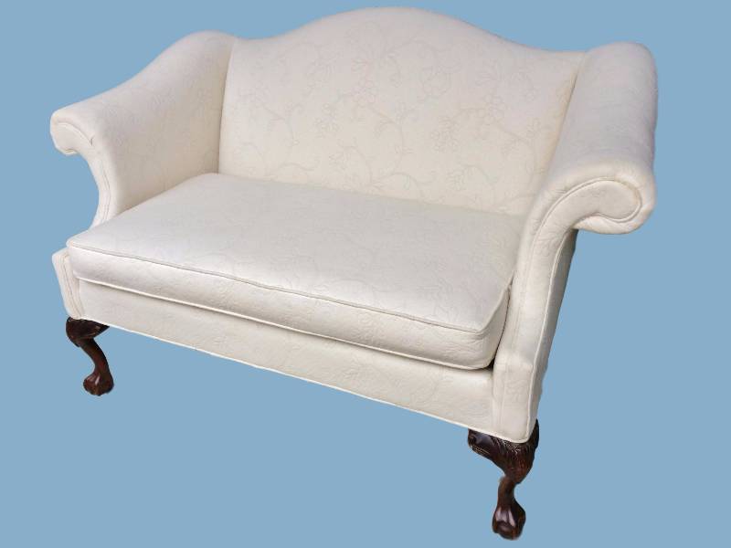 lot 56 image: I LOVE LOVE LOVE THIS Custom Made For Daytons Vintage Conover Chair Co Asian Influenced Vintage Queen Anne Camel Back Loveseat Sofa Settee Carved Clawfoot & Ball - Excellent Condition