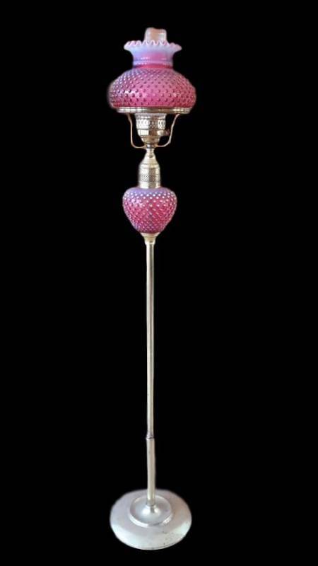 lot 1 image: Very Rare  Vintage Gorgeous Fenton Cranberry White Opalescent Hobnail Glass Ruffle Shade Brass Floor Lamp - Works Great  With Hurricane Chimney - No Visible Chips - Check Out Pics