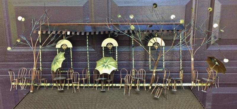 lot 59 image: Retails Christies Auction $1600 Magnificent 46 1970s Signed C Jere Curtis Jere Patinated Brass Copper Parisian Bistro Sidewalk Cafe 3D Brutalist MCM Metal Art Sculpture