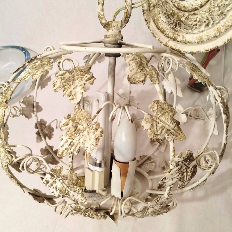 lot 45 image: Authentic 1950s Italian Tole French Provincial Caged Chandelier White Gold Leaves Ceiling Light From Edina Estate