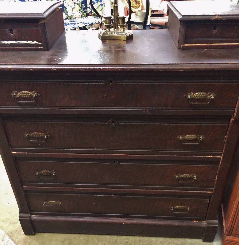 lot 57 image: WOW 18th Century Tiger Oak Locking 4 Drawer Dresser Chest With Jewerly Trinket Boxes & Just Look At Those Fantastic Original Pulls  Lots of Dings & Top Boxes Need Repair Original Key Included...Lamp Is NOT
