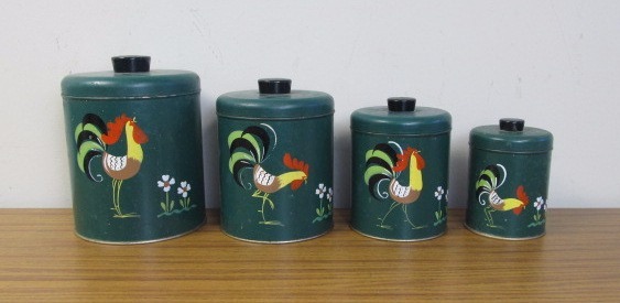 lot 29 image: Set of Vintage Ransburg Hand Painted Kitchen Canisters