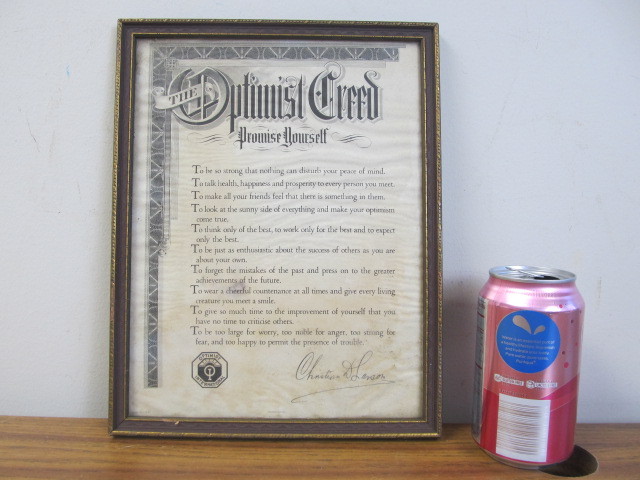 lot 39 image: Antique Framed SIGNED Optimist Creed
