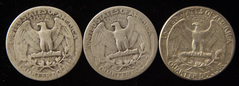 3 SILVER WASHINGTON QUARTERS 1936, 1940-S & 1964