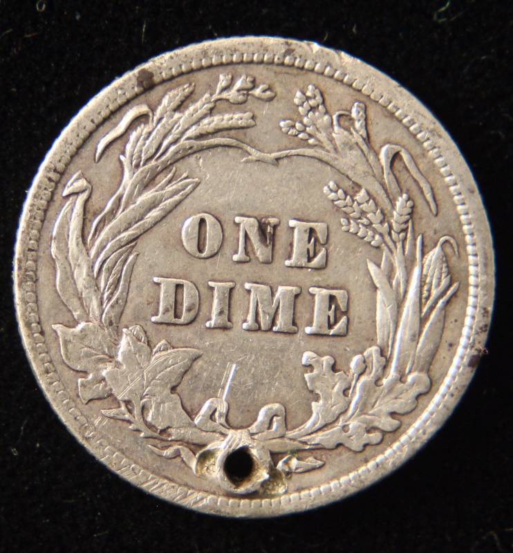 1916 BARBER SILVER DIME XF HOLED