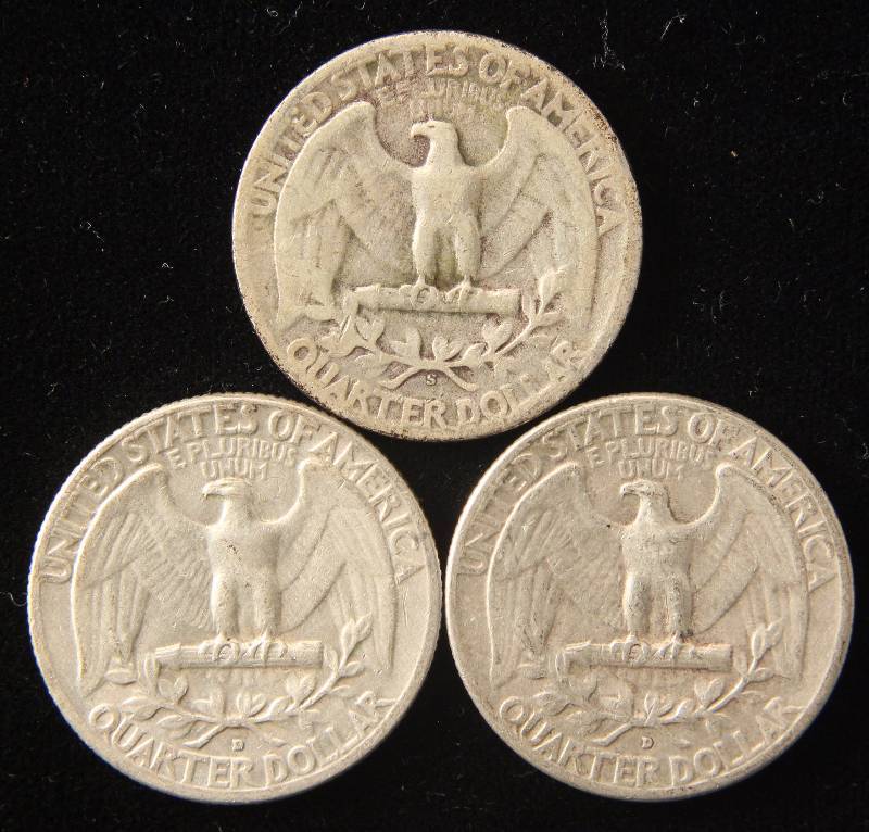 3 SILVER WASHINGTON QUARTERS 1944-S, 1960-D & 1961-D