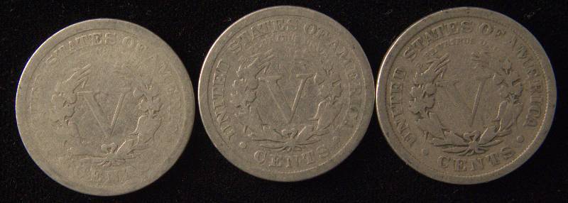 GROUP OF 3 LIBERTY V NICKELS 1907, 1908 & 1910