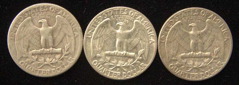 3 SILVER WASHINGTON QUARTERS 1944, 1958-D & 1964-D