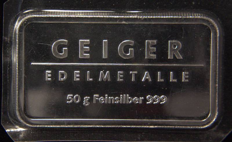 50 GRAM (1.6 TROY OZ) .999 FINE SILVER BAR GERMAN GEIGER BAR SEALED